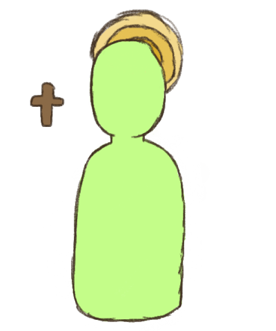 a faceless light green figure with a yellow halo behind them. they have a small, brown cross next to them.
